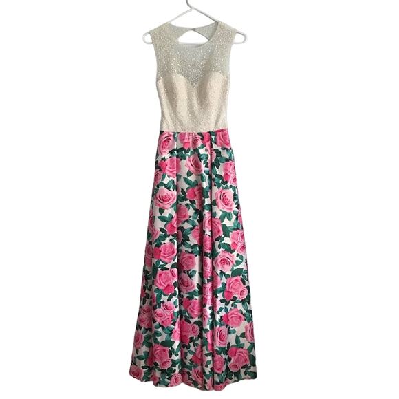Basix Black Label Rose prom gown beaded illusion top w cut out back floral sz 2 - Picture 1 of 11